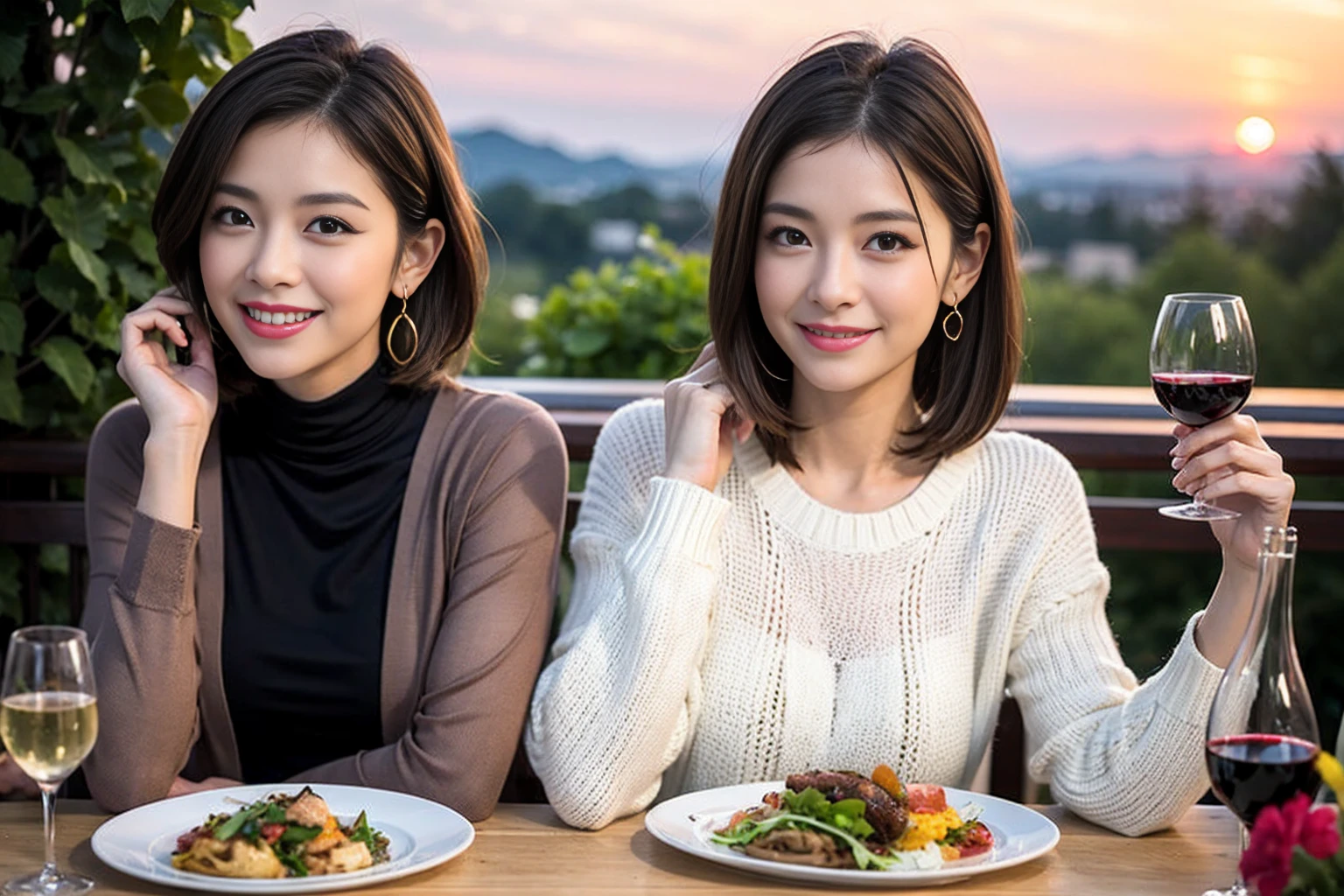 （Realistic:1.1）,(masterpiece,Highest quality)，8k,(56 years old), 53 years old, ベリーslimボディ、slimカップル、Tight waist,Upper Body,full-course dinner、wine 、Amazing view of the sunset sky and clouds、Perfect Anatomy, Brown Hair, short hair,Random Hairstyles,((Highly detailed face and eyes:1.2))，Perfect golden ratio face，Long sleeve shirt、dress,(smile:1.2)、Shortcuts、cute、(Realistic, Intricate details:1.2), A bright smile、short hair,Bright Face、赤wine 、Appetizers、Italian food、wine bottle、Champagne、スパークリングwine、(slimな顔), (The body is slim), (Brown Hair), (Shortcuts),  Upper Body, 白wine, slim, wineグラス, 
