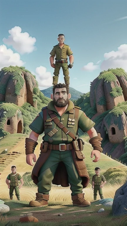 A scene showing the army of Israel standing on a hill, looking in fear at the giant Goliath on the other side, who stands imposing and defiant in his shining armor.