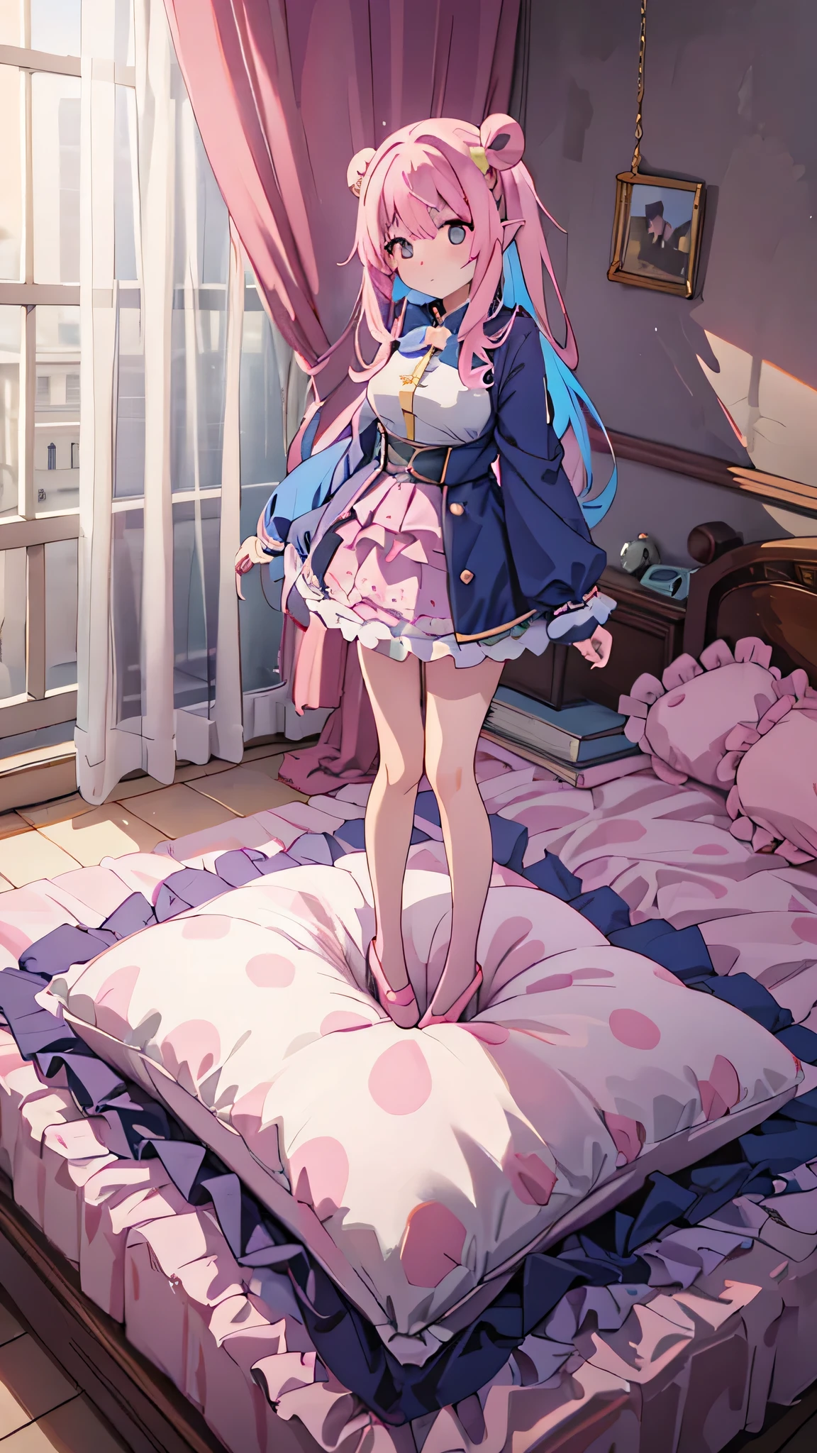 （best quality， masterpiece），full body, 1 girl, solo, mine ,nsfw, details, (Light and shadow oxtail , Cute girl posing on pillow ，standing on pillow，（Steaming hot），（pillow), large pillow, (((colorful))), color correction, pink hair, pink pillow, (((pink polkadot pillow))), (((blue uniform))), (((white skirt))), stocking, brown shoes, hugging pillow, 1 pillow