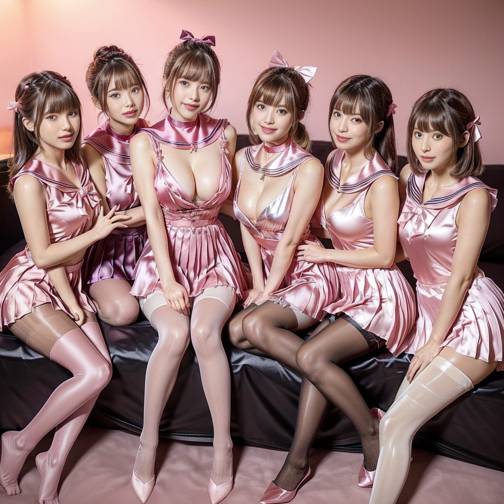 masterpiece, top-quality, top-quality, Beautifully Aesthetic:1.2, ((6 girls)), kissing++, nsfw++,
((Wearing pink latex high neck Chinese dress, sleeveless, long gloves, miniskirt:1,4), high detailed),
(impossible breasts, firm breast, nicely shaped breasts, slender figure, perfect proportion),
(((Bleached Hair))), (ponytail, short hair:1.2),
((((Group photo in the luxurious satin bedroom at late night)))), (Looking at viewer)
