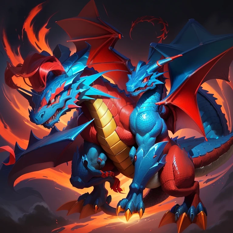 a close up of a cartoon dragon with a red and blue tail, similar to pokemon, dra the dragon, a red dragon, guggimon, new pokemon, fire type, style of pokemon, but as an anthropomorphic dragon, roshan, legendary dragon, portrait of a zentaur, charizard, slifer the sky dragon, official art