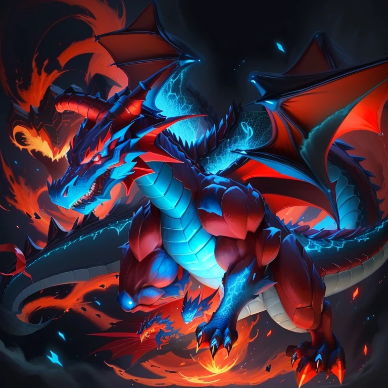 a close up of a cartoon dragon with a red and blue tail, similar to pokemon, dra the dragon, a red dragon, guggimon, new pokemon, fire type, style of pokemon, but as an anthropomorphic dragon, roshan, legendary dragon, portrait of a zentaur, charizard, slifer the sky dragon, official art