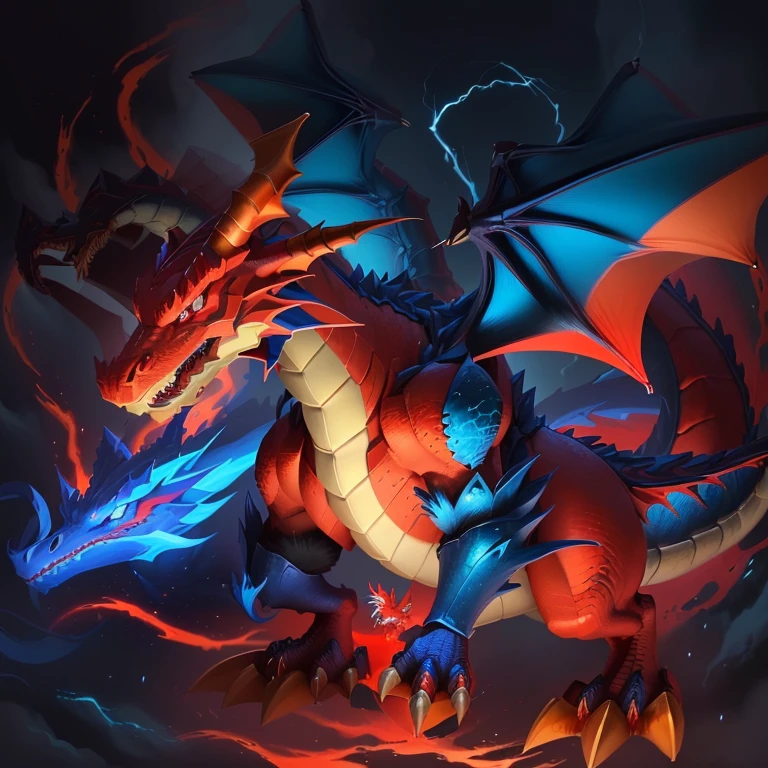 a close up of a cartoon dragon with a red and blue tail, similar to pokemon, dra the dragon, a red dragon, guggimon, new pokemon, fire type, style of pokemon, but as an anthropomorphic dragon, roshan, legendary dragon, portrait of a zentaur, charizard, slifer the sky dragon, official art