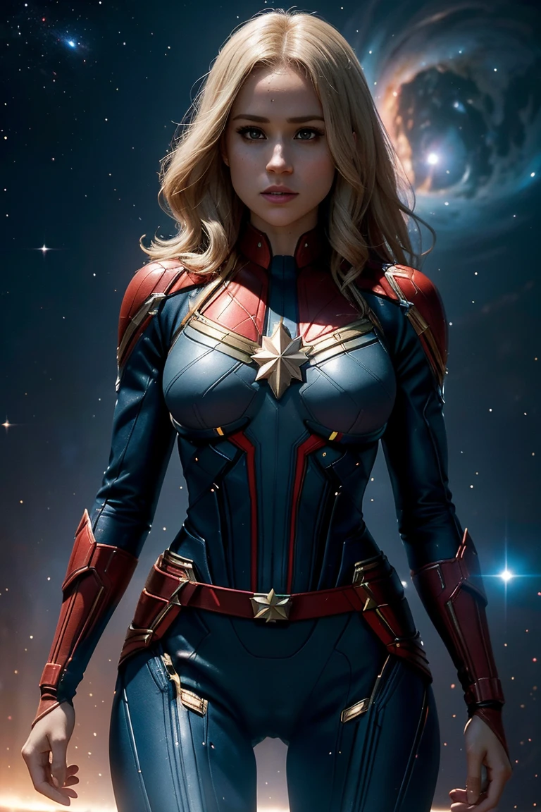 Meghan Markle, wearing Captain Marvel costume sexy clothes transparent. Visible nipples, professionally retouched, soft lighting, realistic, smooth face, perfect eyes, sharp focus on eyes, 8 k, high definition, insanely detailed, intricate, elegant. in a cosmic setting, outer space, galaxies, nebula,