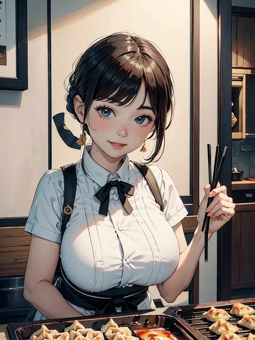 1lady solo, (holding up (gyoza dumplings) with chopsticks:1.2), (presenting dumplings towards viewers), (stylish outfit) apron, mature female, /(brown hair/) bangs, blush happy smile (open mouth), (masterpiece best quality:1.2) delicate illustration ultra-detailed, large breasts BREAK (dumplings baked and sizzling) BREAK (modern house living room) indoors