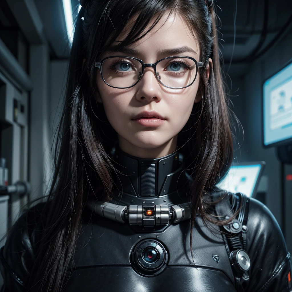 puffy woman with a pair of glasses on her face, portrait of a science fiction woman, portrait beautiful science fiction girl, futuristic woman portrait, cyborg - girl, cyberpunk bionic eye, cyborg woman, cyborg girl, cyborg eyes, Portrait of a mechanic, human with a robot eye, beautiful cyberpunk woman model, beautiful cyborg girl