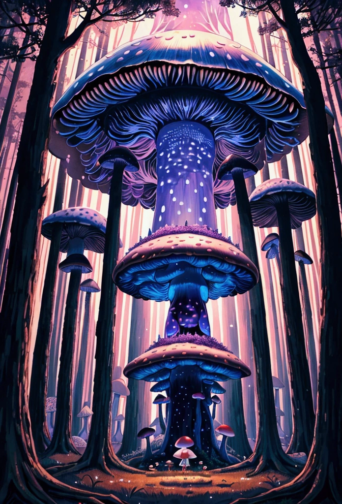 mushroom forest, girl in the center, forest made out of mushroom, thick mushrooms, there are mushrooms around, tall mushrooms, Purple sky, blue fireflies, anime, 8k