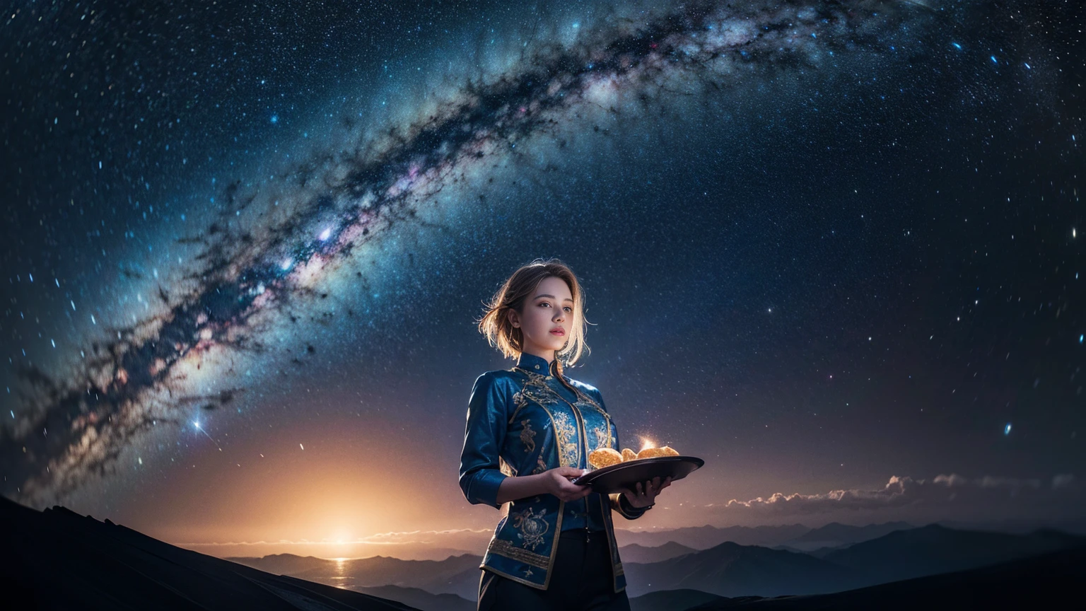 artwork, Surrealism, Very detailed, Intricate details, oil, Highest quality, Cosmic, Starry sky, Woman holding two plates, Pound sign concept, Golden Ratio, beautiful, Cosmic concept, 8k, Cinematic Light, Starry sky background, Vibrant colors, Ultra-high resolution, Greg Rutkowski