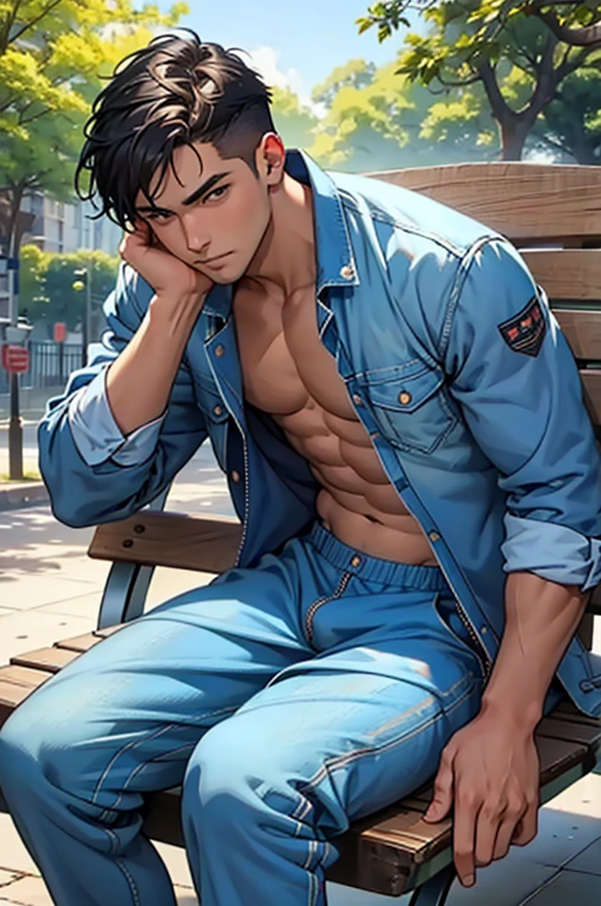 A handsome man in a simple blue jumpsuit is sitting on a park bench and looking at the camera、belly button