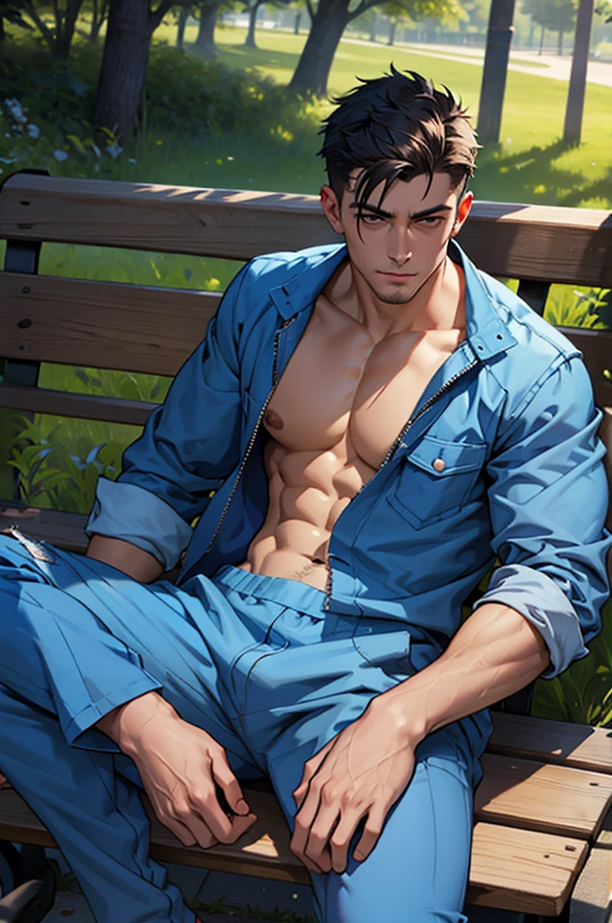 A handsome man in a simple blue jumpsuit is sitting on a park bench and looking at the camera、belly button