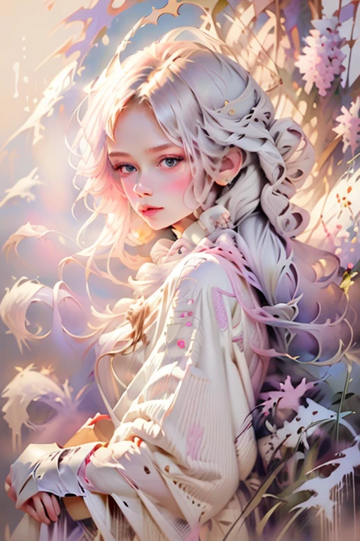 Pink skin woman with long white hair wearing a soft white dress[, oil painting, artdecoai 