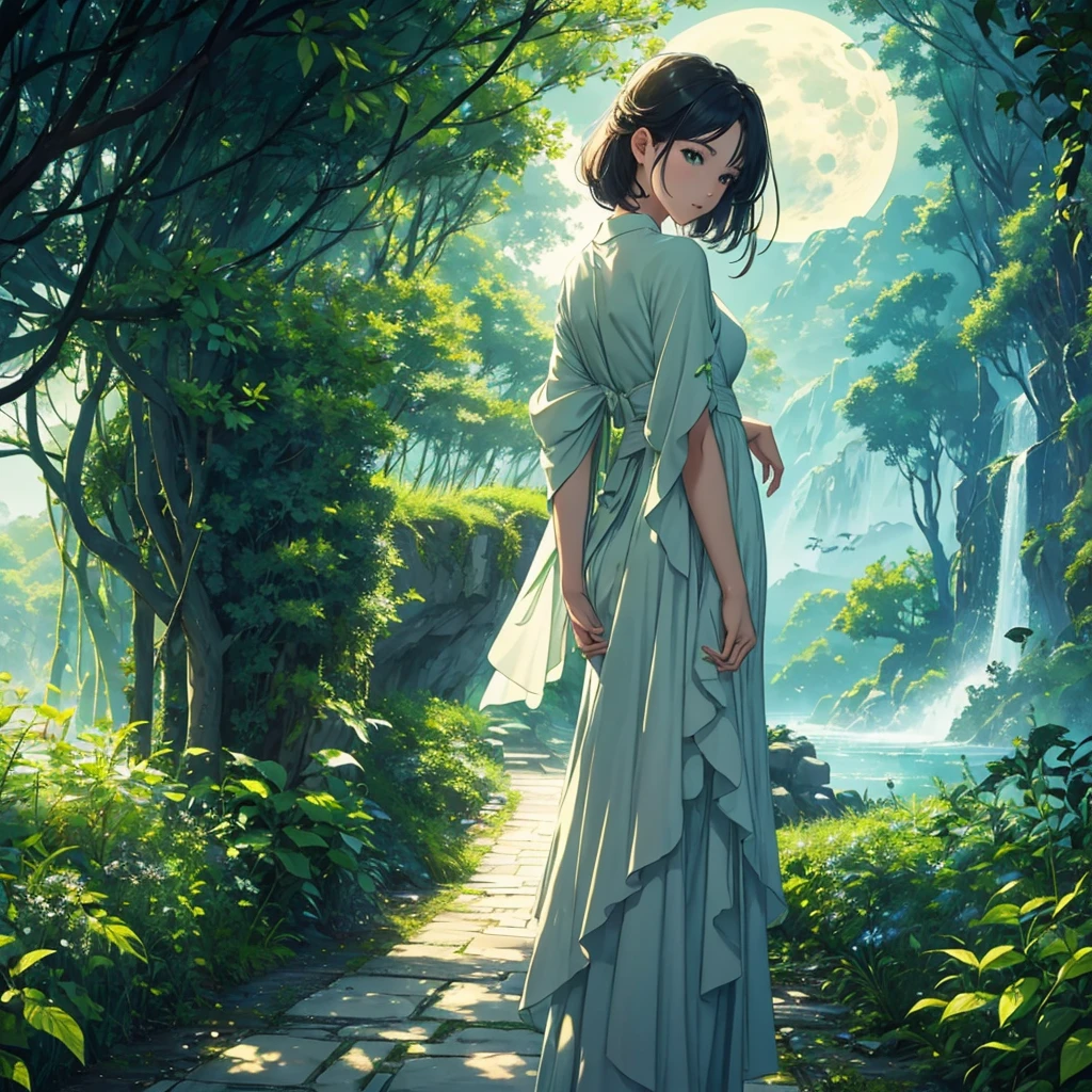 4K,Every green空 carries the promise of a new dawn, full moon、moonlight、Paving the way for a beautiful beginning,Beautiful Nature Paintings. green,green空, green、There is a woman in the photo.、Rear view、