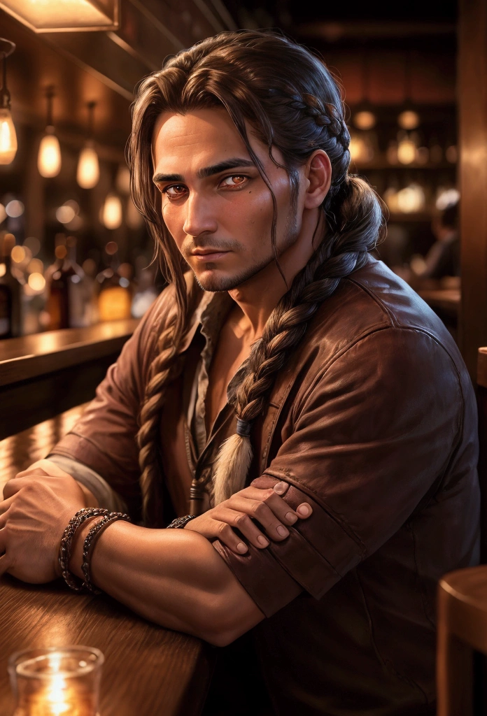adult man indiginous with accessory indiginous at night braided hair glowing brown eyes protrait waiting at a bar