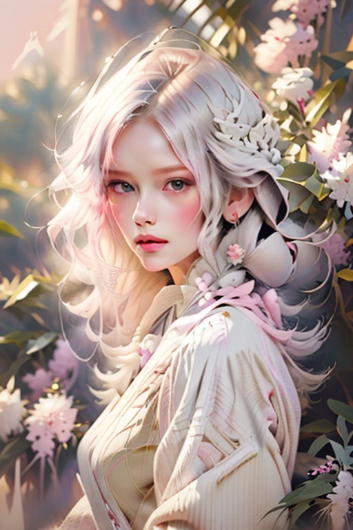 Pink skin woman with long white hair wearing a soft white dress[, oil painting, artdecoai 