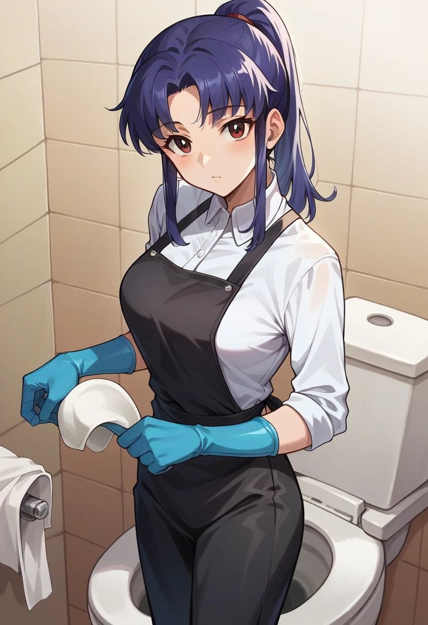 1girl, misato katsuragi, ponytail ((blue half elbow rubber gloves)), (white shirt), ((long sleeves)), (black apron), (pants), looking at viewer, standing, solo, ((cleans the toilet))
