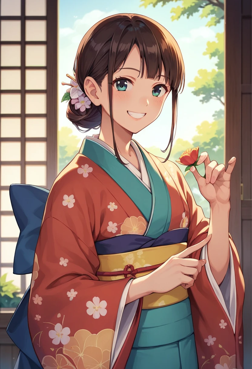 ((masterpiece)),((Ayako Katagiri)),((Katagiri Ayako)),((Full smile)),((Smile)),((happiness)),Healthy Beauty,(((kimono))),sexy,Anatomically perfect hands