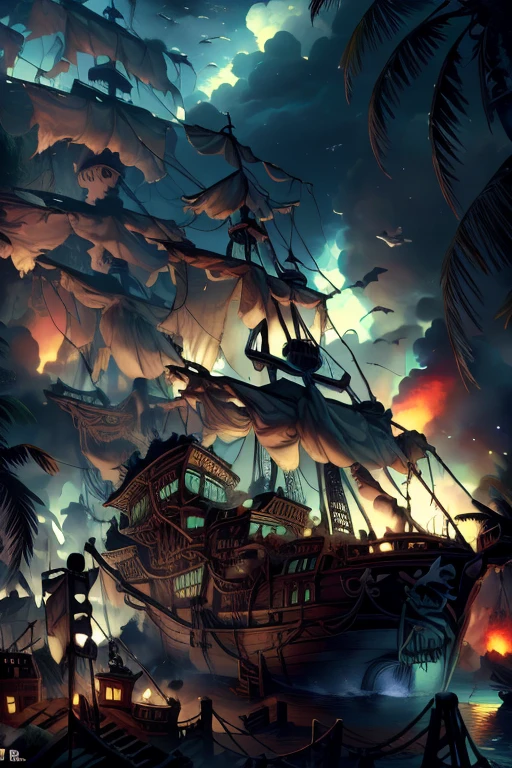 (8k, Highest quality, masterpiece)，Pirate War, Pirates ship war fighting each other, epic pirate battle, cannon fire, pirate ship war, detailed pirate ship, chaotic battle scene, stormy sea, dark clouds, fire and smoke, Pirate war fierce conflict war between pirates wearing pirate costumes, {Realistic, RAW Photos, Super Fine Clear, Impressionist painting, (Influenced by Impressionist painting:1.1)}, naval battle, Pirate Combat,  by W. Heath Robinson, 