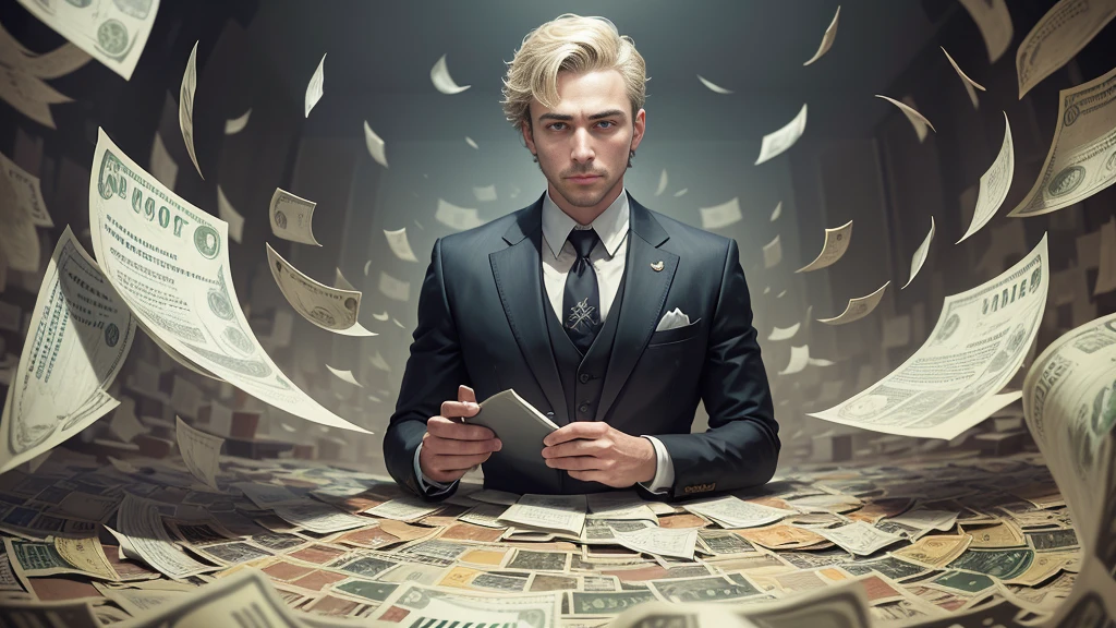A detailed painting of a person in a suit, surrounded by a flurry of dollar bills and bitcoin, with the book Financial Formula in the center.