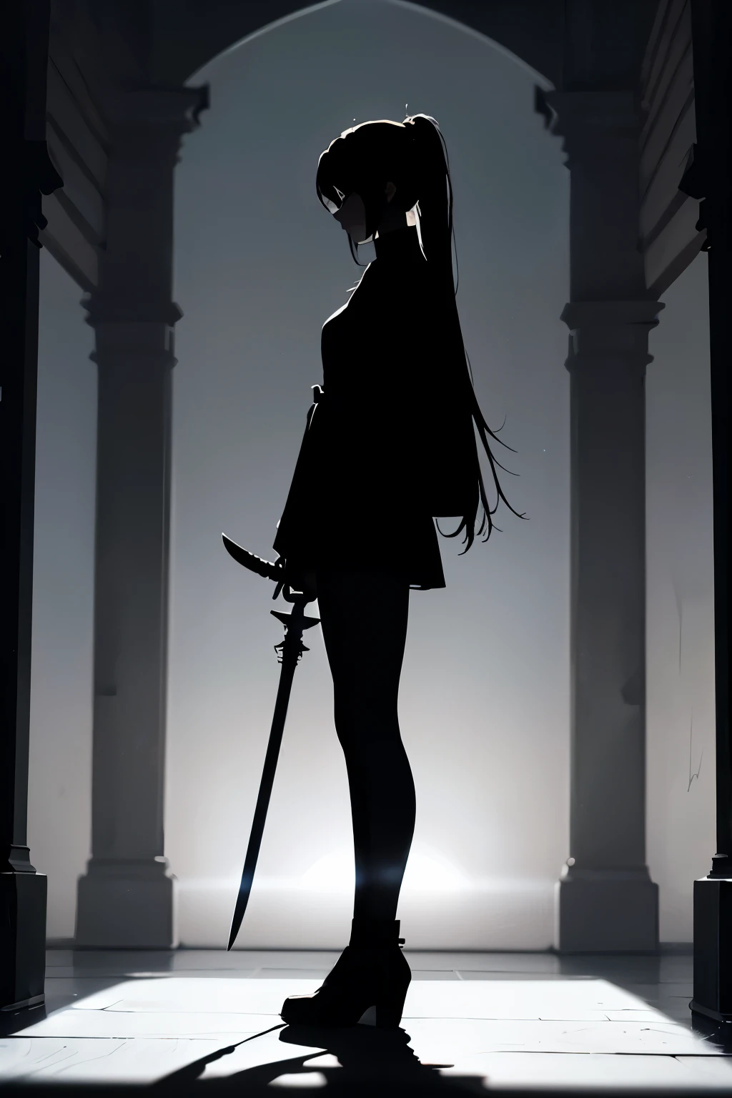 Pitch black silhouette illustration、Profile of a girl holding a sword、Light background、people々becomes a black silhouette、A shadow stretches at my feet