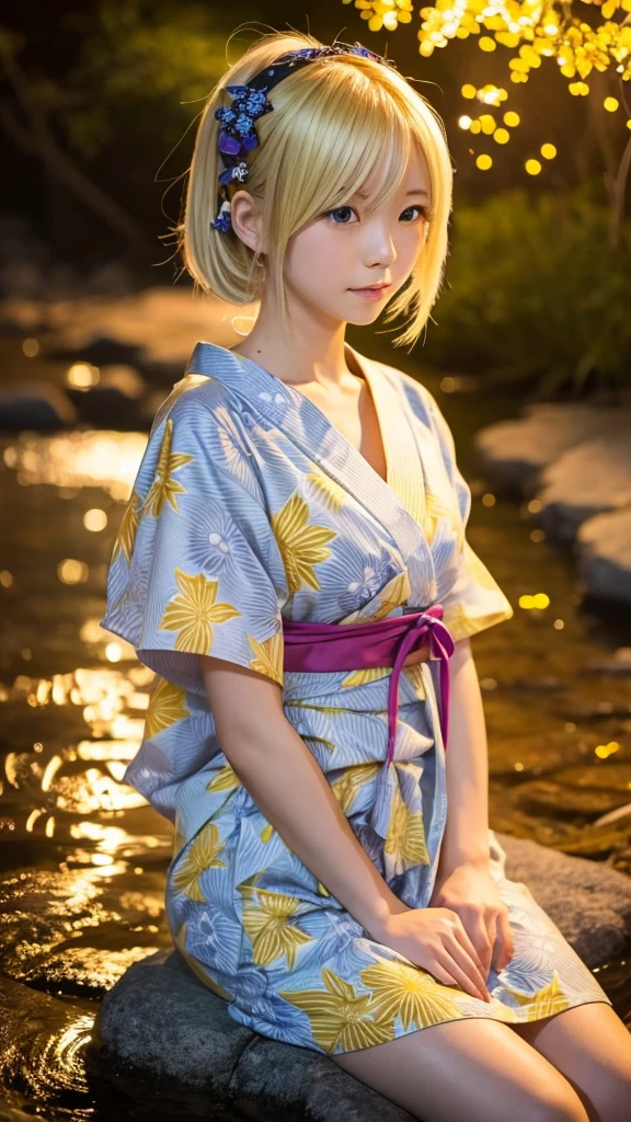 Blonde anime girl in a yellow yukata,Watching the fireflies by the stream,My chest is swollen