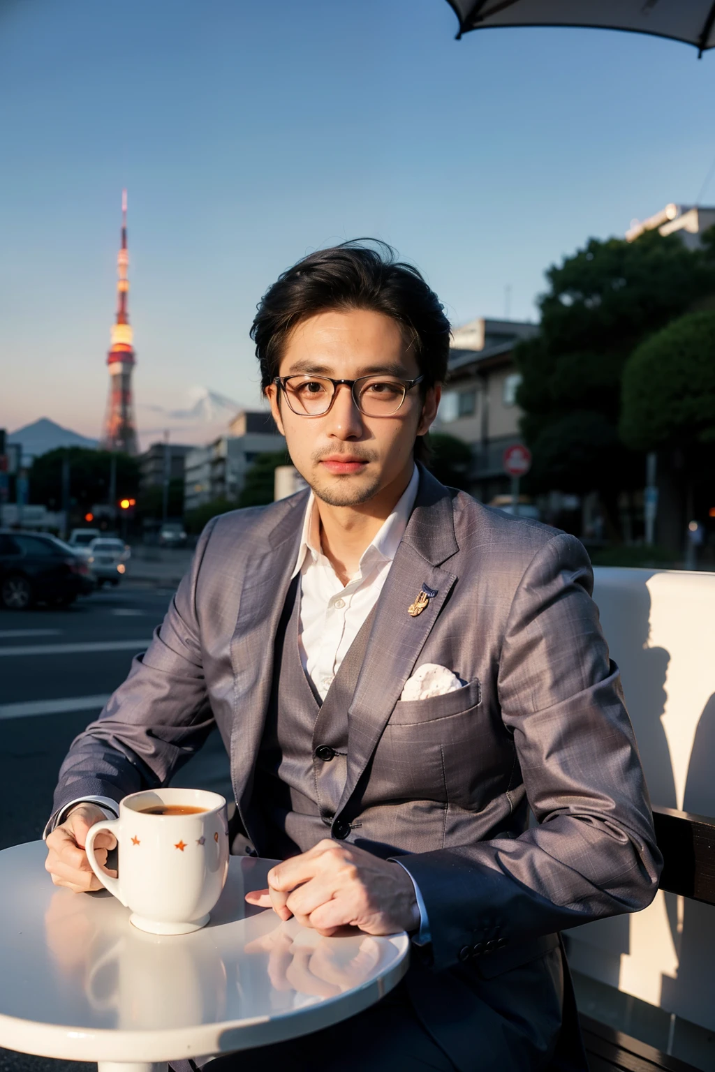 one example　
Man with glasses　oriental　Set　Beardless Purple Suit　　
comics　wide awake　
In front of Tokyo Tower,Sunset,Holding a colorful mug,Sitting at a cafe with parasol on the street, Mount Fuji is also in the background
