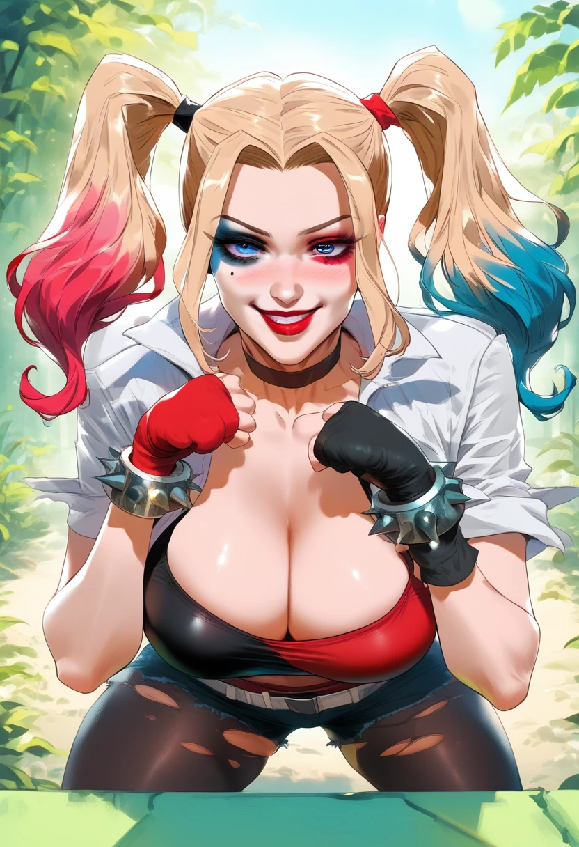 Harley Quinn, Harley Quinn, bangss, blue colored eyes, hair blonde, twin tails, hair blue, multicolored hair, choker, faded hair, make up, penetrating, pink  hair, lips, lipstick, lips rojos, They are smiling, ssmile,
break coxas, mitts, へそ, decolletage, jewelry, jaket, clothes open, shorts, mitts negros, diaphragm, black thighighs, mitts sin dedos, Neck, bracelet, jaket aberta, jaket negra, Cut up, torn laundry, Short pants, tatoo, chain, spikes, jaket recortada, bracelet com pontas, pointed collar, Micro Short pants, jaket multicolor, REST looking at the viewer, complete body, REST outdoors, break (Masterpiece artwork:1.2), the best quality, high resolution, unity wallpaper 8k, (illustration:0.8), (beautiful detailed eyes:1.6), extreme detailed face, perfect lighting, extremely detailed CG, (perfect hands, Perfect Anatomia), sensuous body, blush, ((Breasts huge)), sensuous