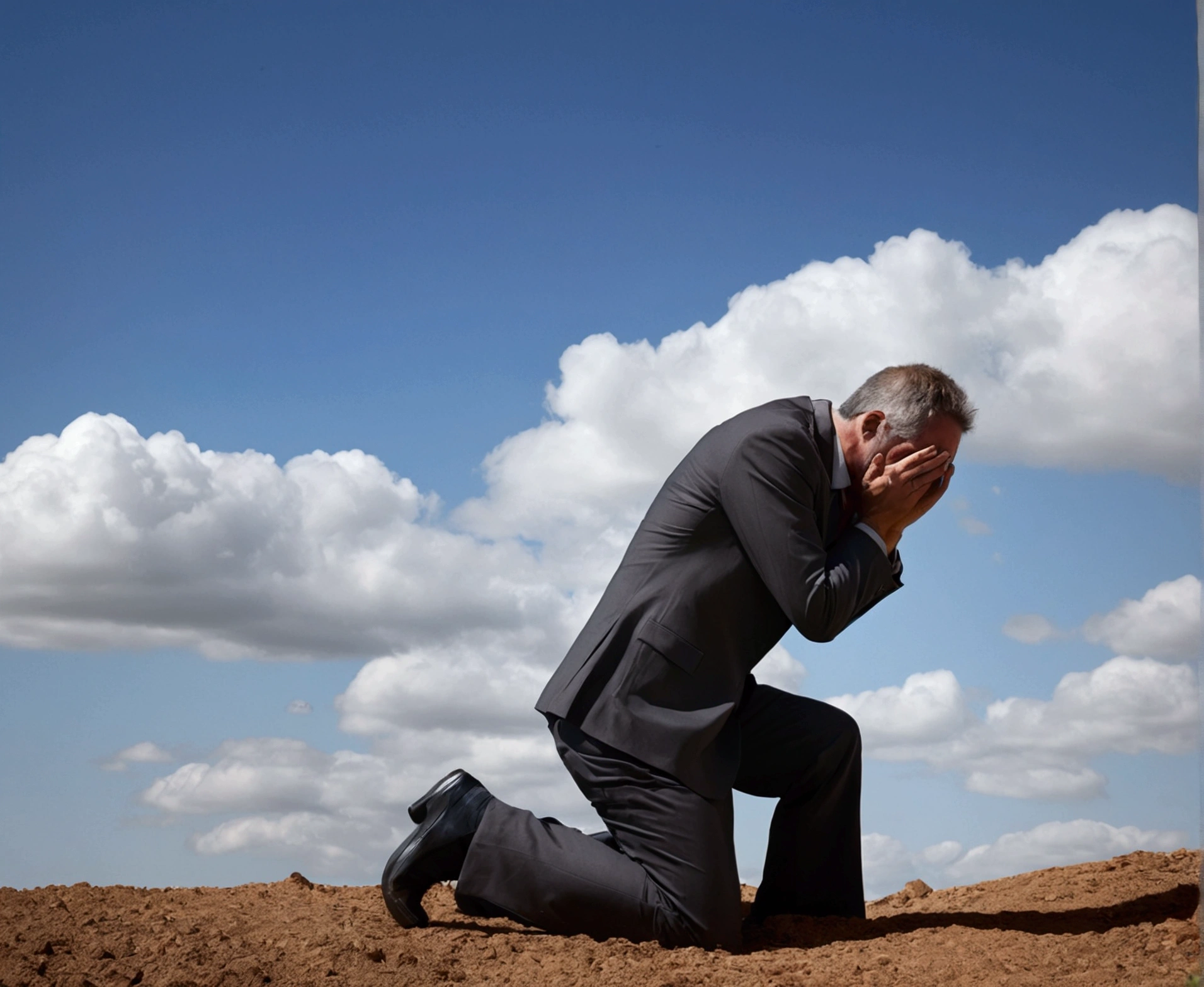 Create a picture of Job kneeling looking up at the sky. creating a sense of pain and suffering. He has his knees bent and his body leaning forward. His body is covered in sores and boils, some open and others healing, with evident redness and swelling.