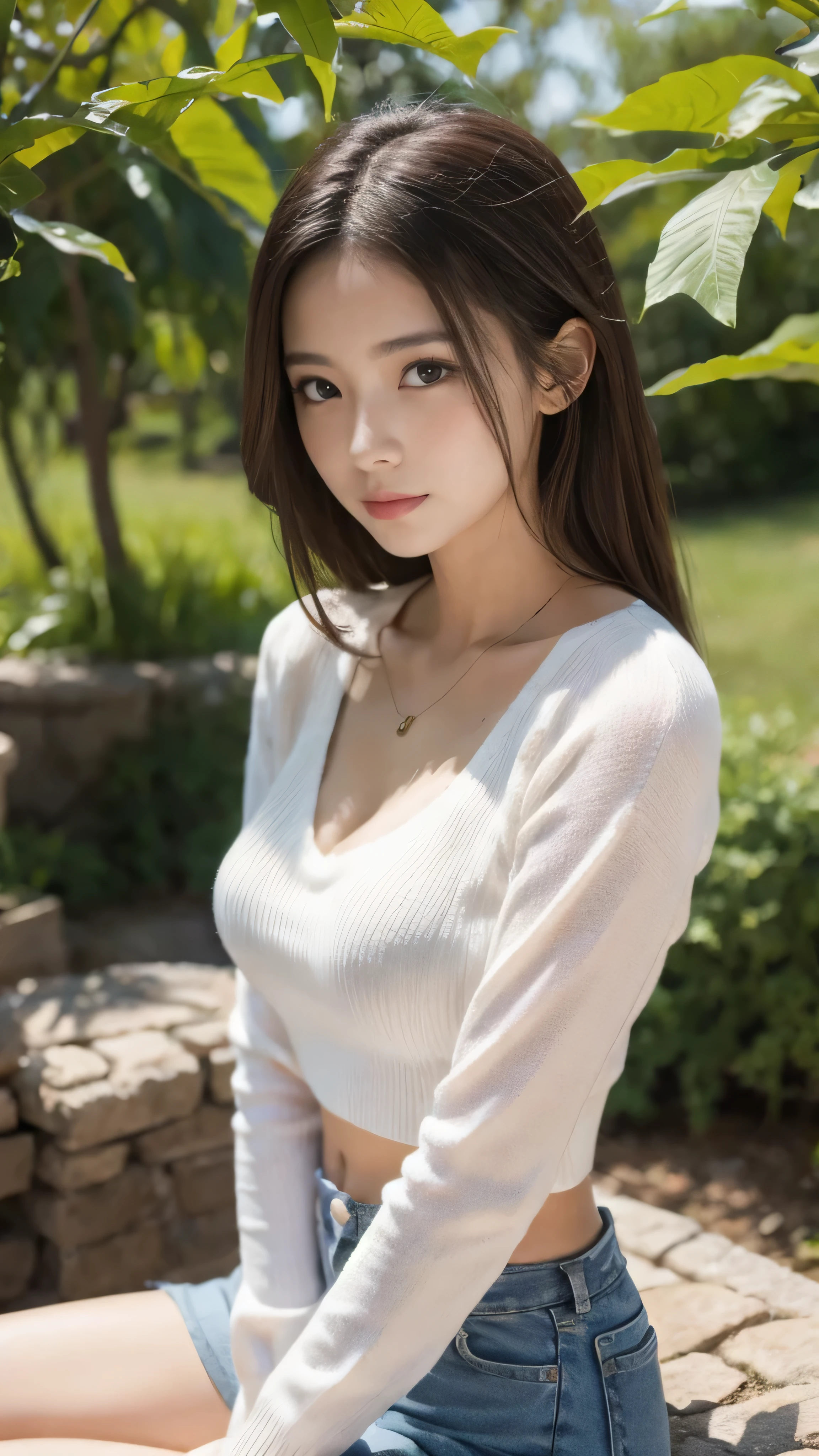 super detailed,bright colors,(8k:1.5),Masseter muscle part,very beautiful detailed face and eyes、summer morning、Ghibli,summer country road,25years old,beautiful breasts,midriff peek,Fullbody,(V-neck-sweater:1.3)