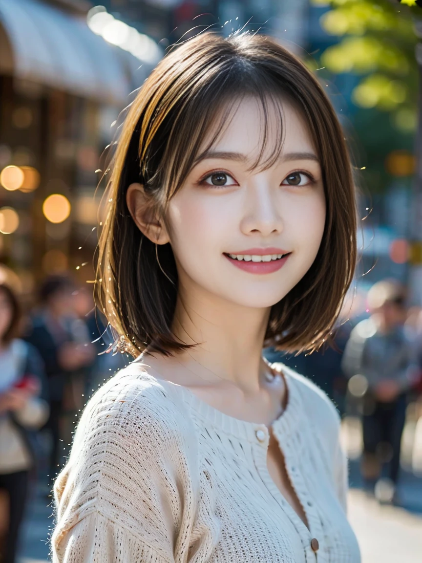 masutepiece, Best Quality, Illustration, Ultra-detailed, finely detail, hight resolution, 8K Wallpaper, Perfect dynamic composition, Beautiful detailed eyes, doress, mid-chest, Natural Color Lip, Random and sexy poses,Smile,Aoyama Street Walk、20 years girl、bobhair,Short hairstyle