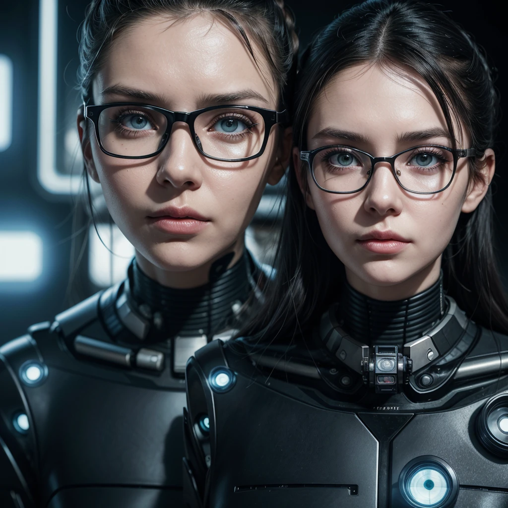 crooked woman with a pair of glasses on her face, portrait of a sci-fi woman, portrait of beautiful sci-fi girl, portrait of futuristic woman, Cyborg - Girl, cyberpunk bionic eye, Cyborg Woman, cyborg girl, cyborg eyes, portrait of a mechanic, human with a robot eye, beautiful model of cyberpunk woman, beautiful cyborg girl