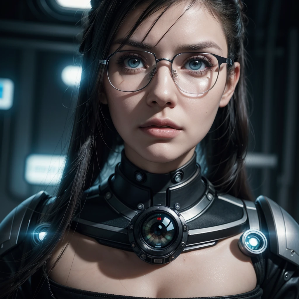 crooked woman with a pair of glasses on her face, portrait of a sci-fi woman, portrait of beautiful sci-fi girl, portrait of futuristic woman, Cyborg - Girl, cyberpunk bionic eye, Cyborg Woman, cyborg girl, cyborg eyes, portrait of a mechanic, human with a robot eye, beautiful model of cyberpunk woman, beautiful cyborg girl