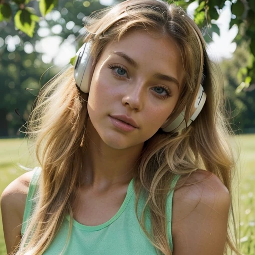 23 year old woman long hair light ash blonde, defined face in HD, clear honey-colored eyes bright with life ignotic look defined sensual, beautiful and provocative lips, human full real hands, real human defined feet, beautiful body defined tanned beautiful,  dressed in beautiful and provocative sportswear with pastel colors, with headphones and ready to run in a green open field 