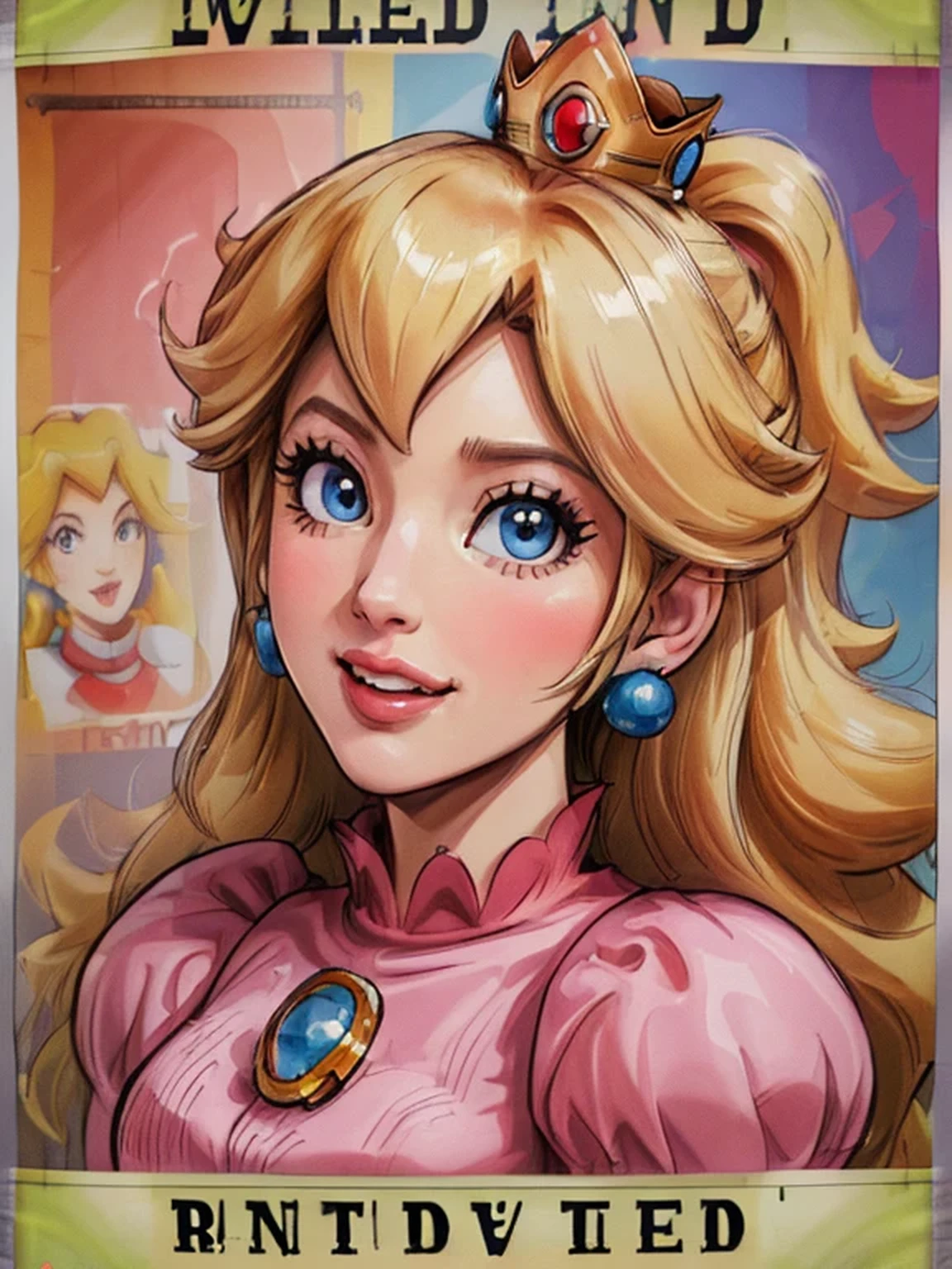 (((Wanted poster:1.37, "Wanted" is written in large letters:1.37))), Princess Peach, ((Close-up shot, grin)), pink dress, (Mosaic-effect on eyes), brooch, puffy sleeves, lipstick, smooth skin, crowns, earrings, Blonde Hair, background is the Super Mario World, Beautiful Face, Highly detailed CG, Super detailed, ((masterpiece, best quality, high resolution)), Fugitive warrant, Wanted, 