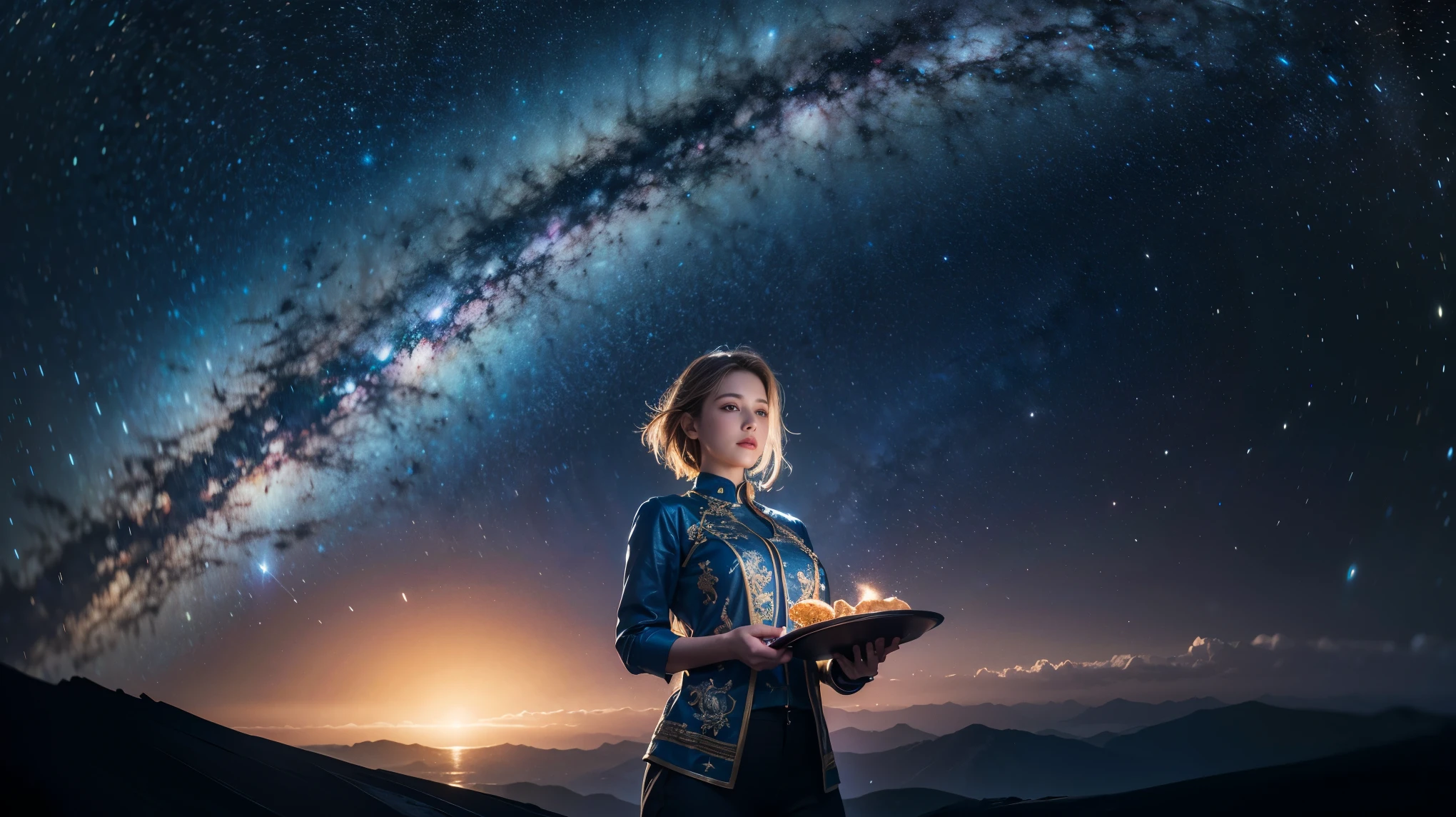 artwork, Surrealism, Very detailed, Intricate details, oil, Highest quality, Cosmic, Starry sky, Woman holding two plates, Pound sign concept, Golden Ratio, beautiful, Cosmic concept, 8k, Cinematic Light, Starry sky background, Vibrant colors, Ultra-high resolution, Greg Rutkowski