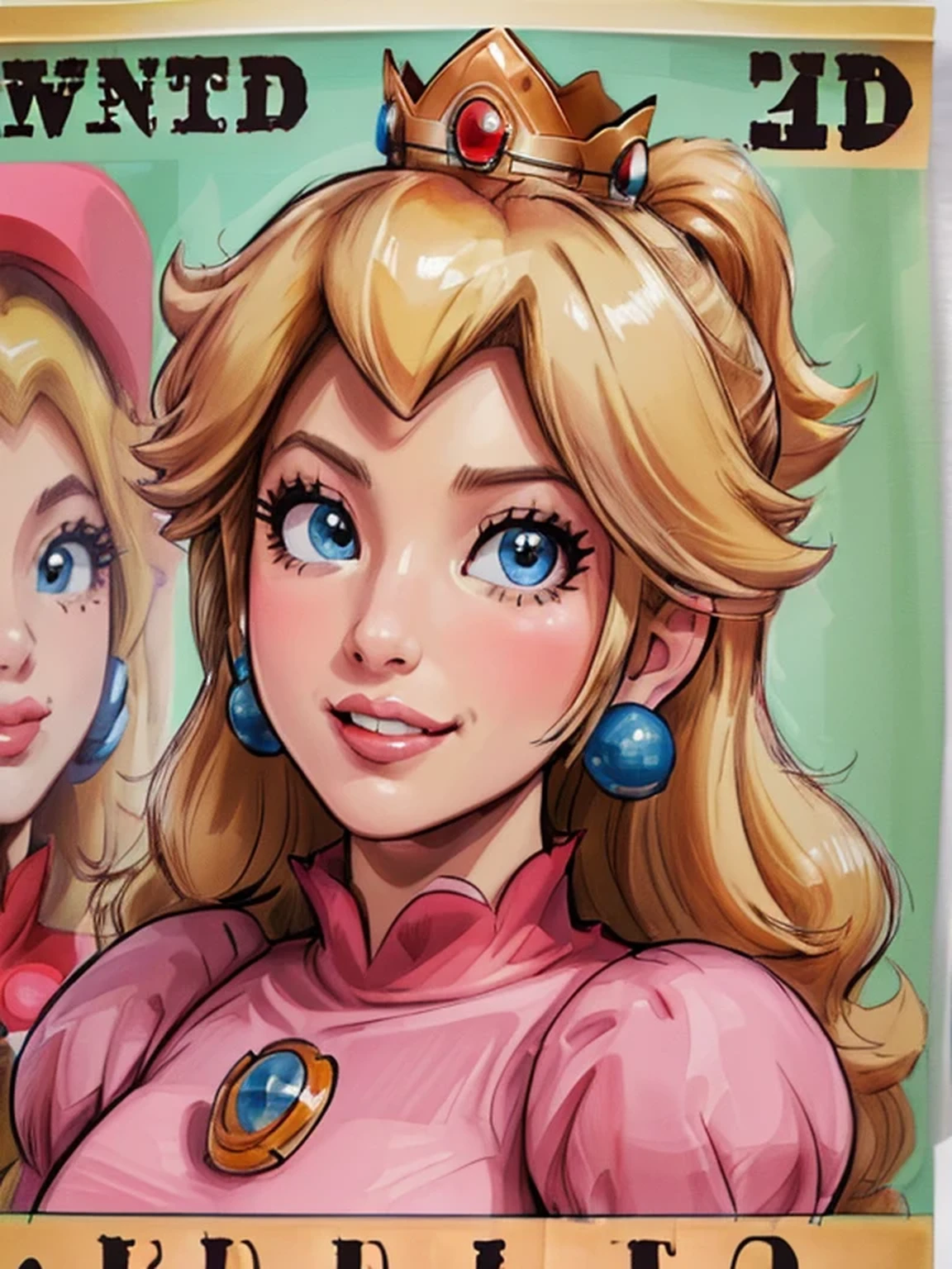 (((Wanted poster:1.37, "Wanted" is written in large letters:1.37))), Princess Peach, ((Close-up shot, grin)), pink dress, (Mosaic-effect on eyes), brooch, puffy sleeves, lipstick, smooth skin, crowns, earrings, Blonde Hair, background is the Super Mario World, Beautiful Face, Highly detailed CG, Super detailed, ((masterpiece, best quality, high resolution)), Fugitive warrant, Wanted, 