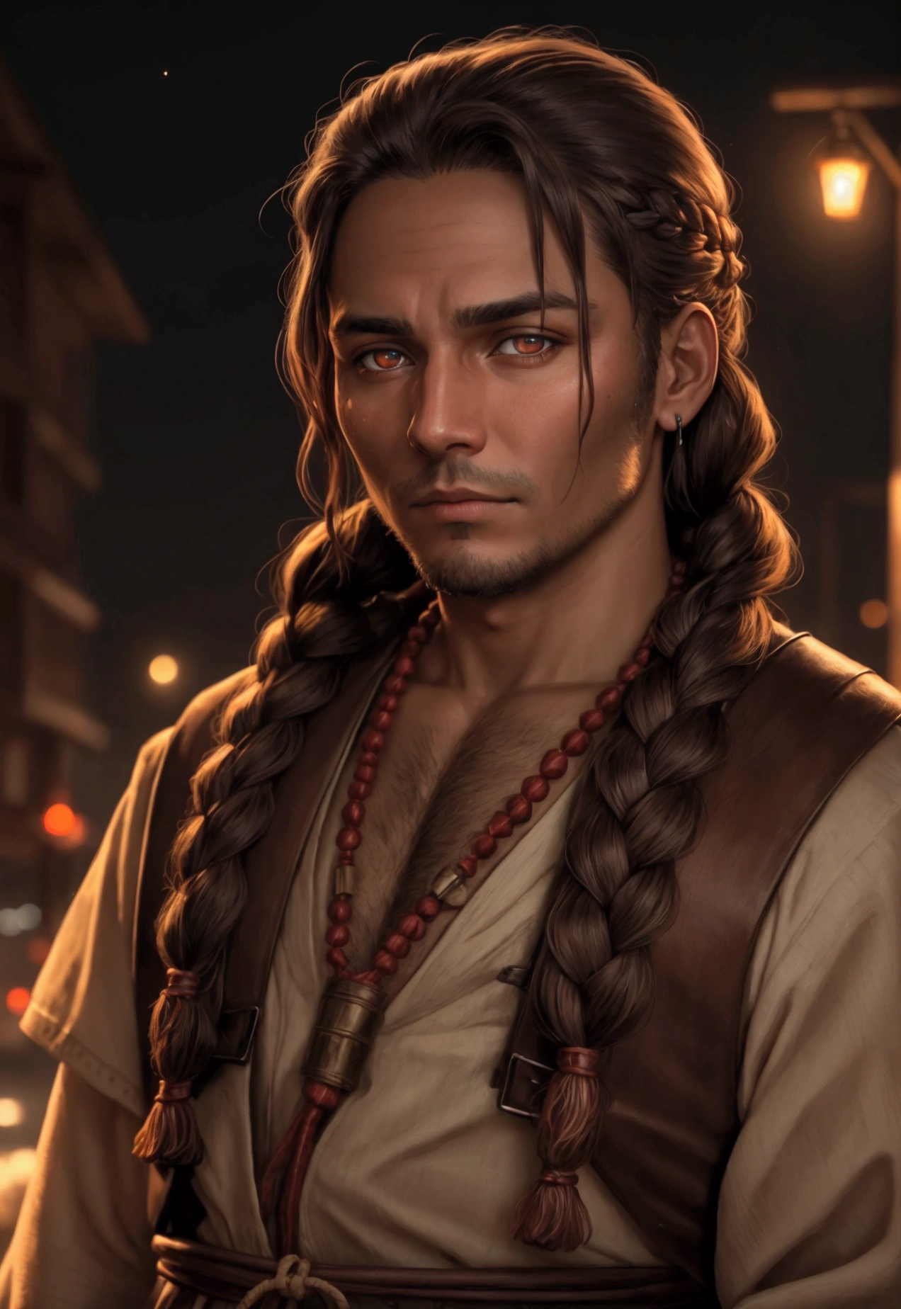 adult man indiginous with accessory indiginous at night braided hair glowing brown eyes protrait waiting