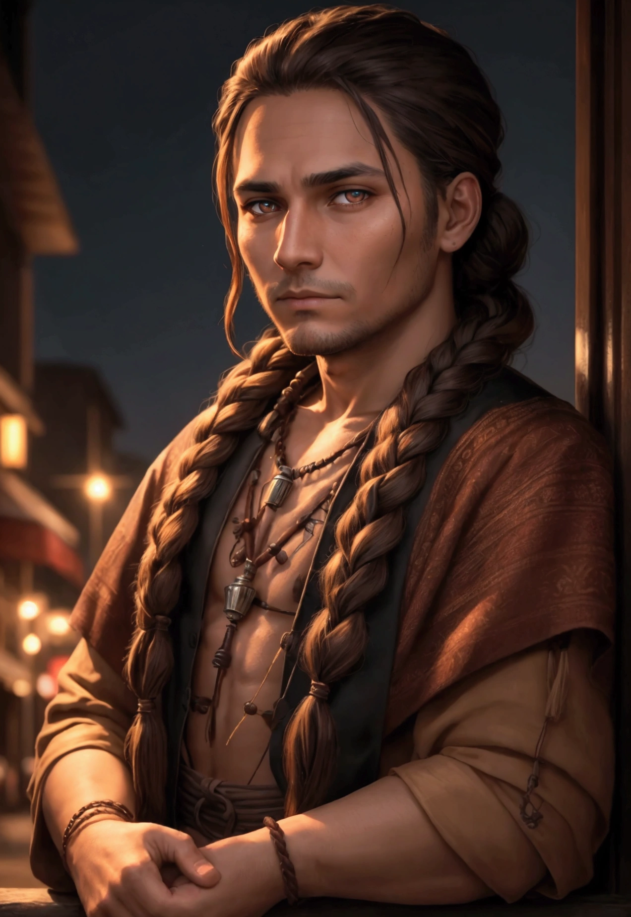 adult man indiginous with accessory indiginous at night braided hair glowing brown eyes protrait waiting