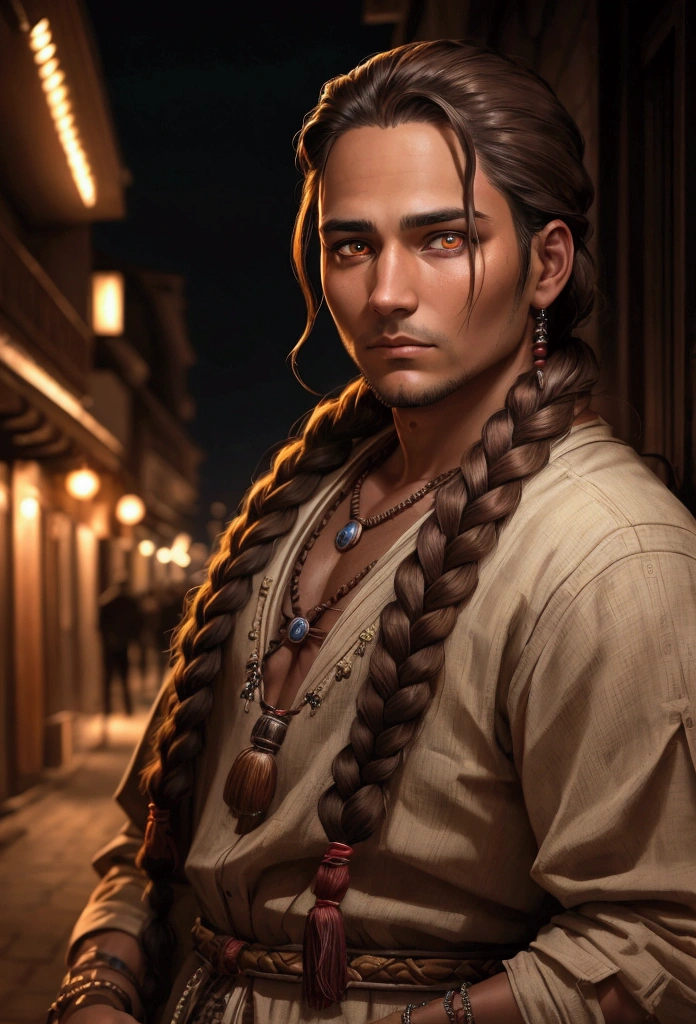 adult man indiginous with accessory indiginous at night braided hair glowing brown eyes protrait waiting