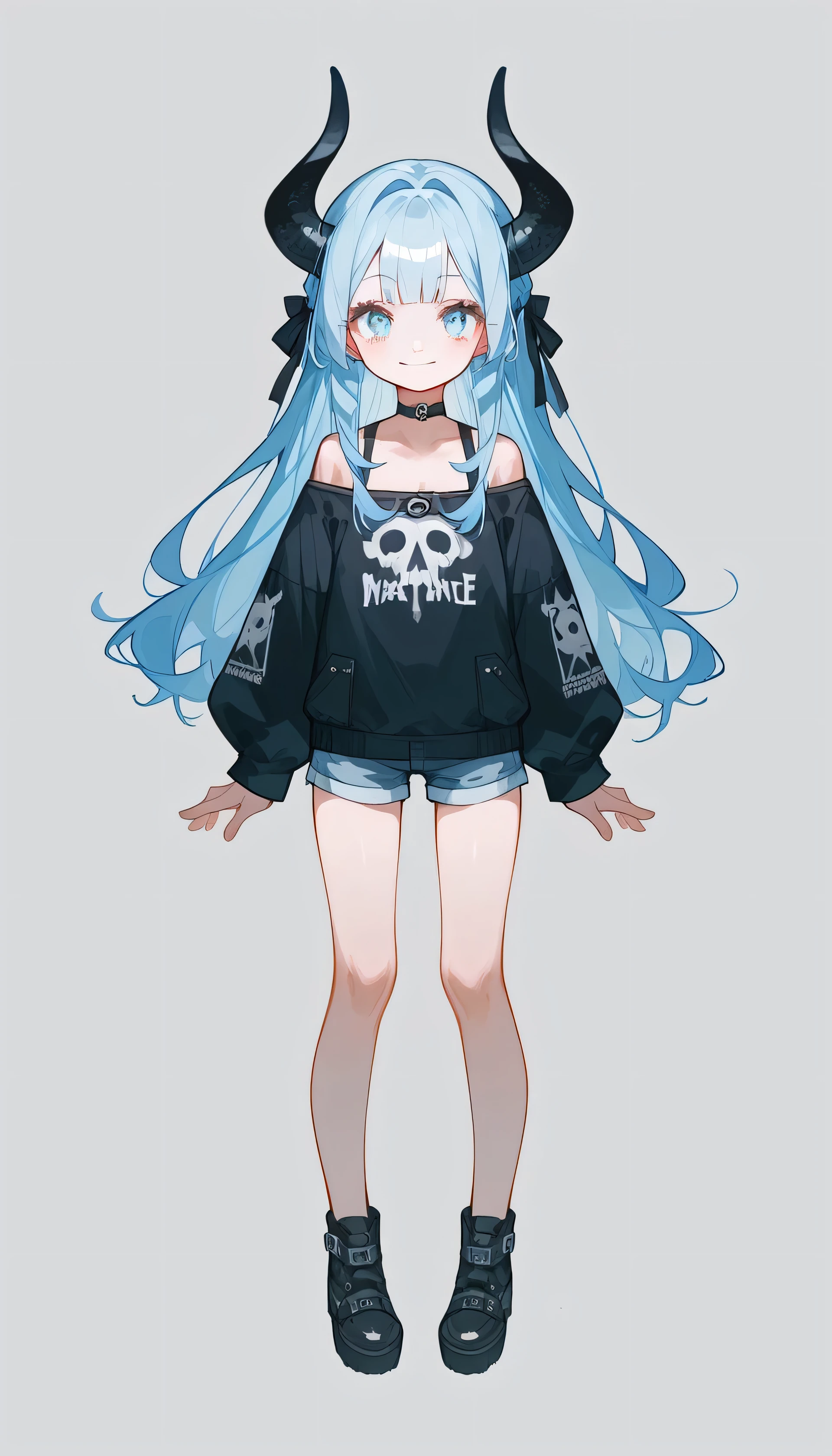 masterpiece, 1girl, solo, looking at viewer, 1 young and gorgeous girl, There is a pair of brownish-black horns on the head, light blue hair, light blue eyes,beautiful eyes, gothic, smile, ((full body)), (((no background))), transparent background, welcome, short pants