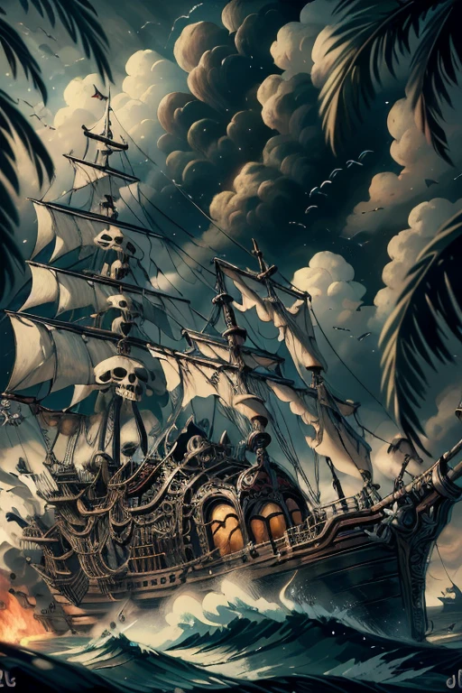 (8k, Highest quality, masterpiece)，Pirate War, Pirates ship war fighting each other, epic pirate battle, cannon fire, pirate ship war, detailed pirate ship, chaotic battle scene, stormy sea, dark clouds, fire and smoke, Pirate war fierce conflict war between pirates wearing pirate costumes, {Realistic, RAW Photos, Super Fine Clear, Impressionist painting, (Influenced by Impressionist painting:1.1)}, naval battle, Pirate Combat,  by W. Heath Robinson, 