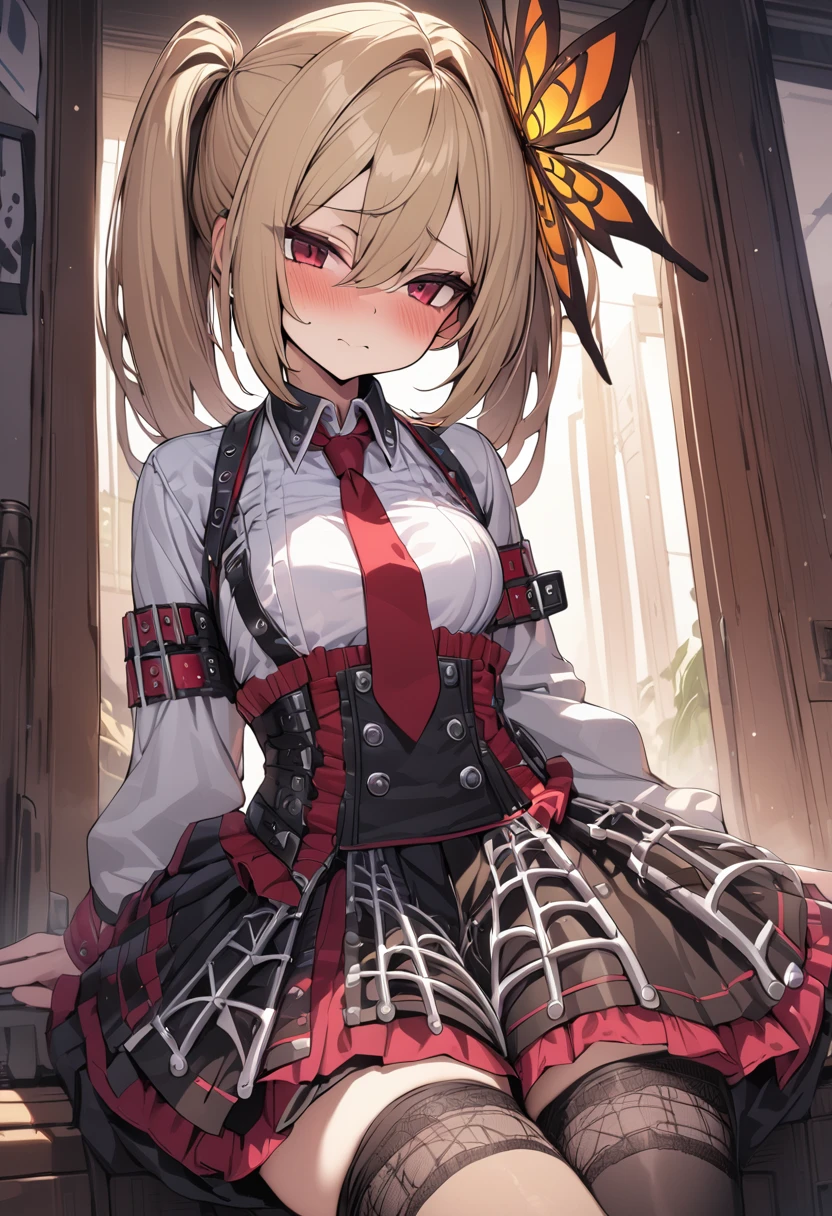 (masterpiece, extremely detailed, best quality, ultra-detailed, illustration1.2), girl. shy, faint smile, blonde hair, short hair, (two very long ponytails), (two very long ponytails), red eyes, hair between eyes, bangs, left head butterfly ornament, medium breasts, white shirt, punkish, punkish skirt, knee socks, red necktie, looking at viewer,