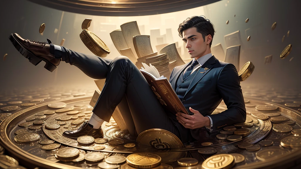 A detailed painting of a person in a suit, surrounded by a flood of bitcoins, with the book Financial Formula in the center.
