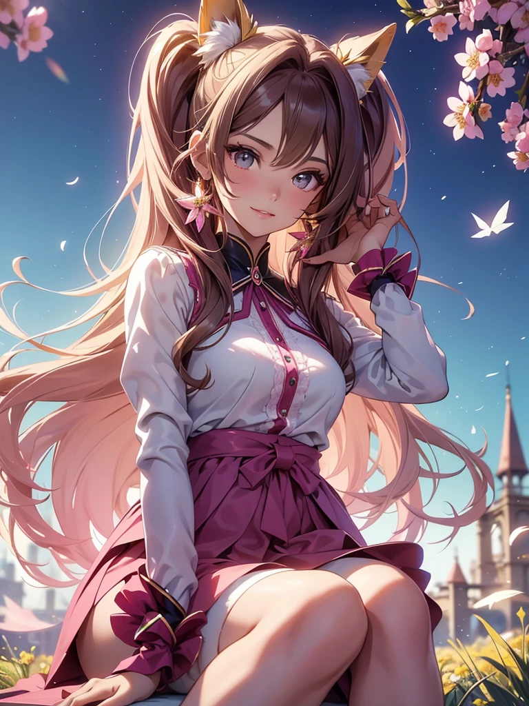 (best quality,4k,8k,highres,masterpiece:1.2),ultra-detailed,(realistic,photorealistic,photo-realistic:1.37),acrylic painting,beautiful Brazilian model in a uniform outfit with downy hair,beautiful Brazilian model with extremely colorful brown hair and detailed facial features,beautiful Brazilian model standing in a beautiful garden surrounded by a starry sky,brown hair,beautiful Brazilian model wearing a vibrant pink and teal uniform outfit,beautiful Brazilian model with intricate accessories,cat ears, ,beautiful Brazilian model with long flowing twintails,beautiful Brazilian model with bright brown eyes and rosy lips,beautiful Brazilian model with a joyful expression,beautiful Brazilian model in a dynamic pose with cherry blossoms falling around her,beautiful Brazilian model surrounded by colorful flowers and butterflies,beautiful Brazilian model's school uniform outfit adorned with cute bows and lace details,beautiful Brazilian model with an enchanting smile,beautiful Brazilian model with soft, pastel-colored shading,beautiful Brazilian model with a magical glow illuminating her,beautiful Brazilian model in a picturesque setting with a winding path leading to a magnificent castle,beautiful Brazilian model with a fairytale-like background,beautiful Brazilian model with a soft, dreamy atmosphere,beautiful Brazilian model with a subtle bokeh effect,beautiful Brazilian model standing under a sunny sky,beautiful Brazilian model with a warm, golden sunset in the background,beautiful Brazilian model surrounded by twinkling stars and colorful nebulae,creating an ethereal and captivating artistic masterpiece, sitting down, facing camera.