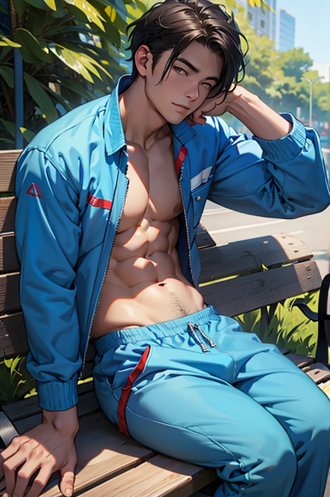 A sexy man in a simple blue jumpsuit is sitting on a park bench and looking at the camera、belly button