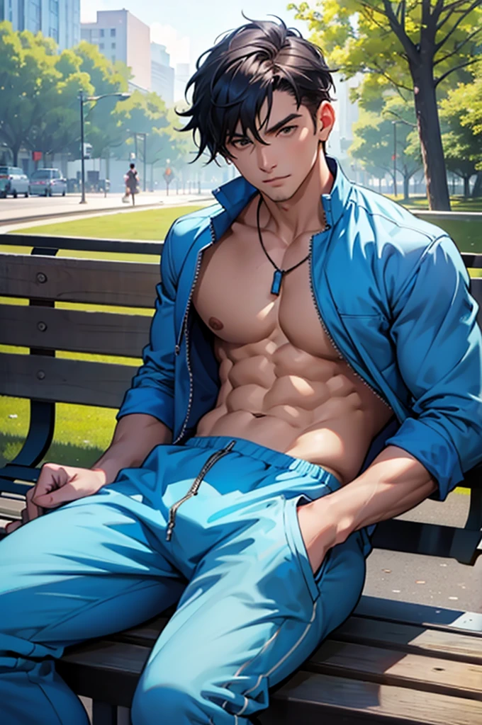 A sexy man in a simple blue jumpsuit is sitting on a park bench and looking at the camera、belly button