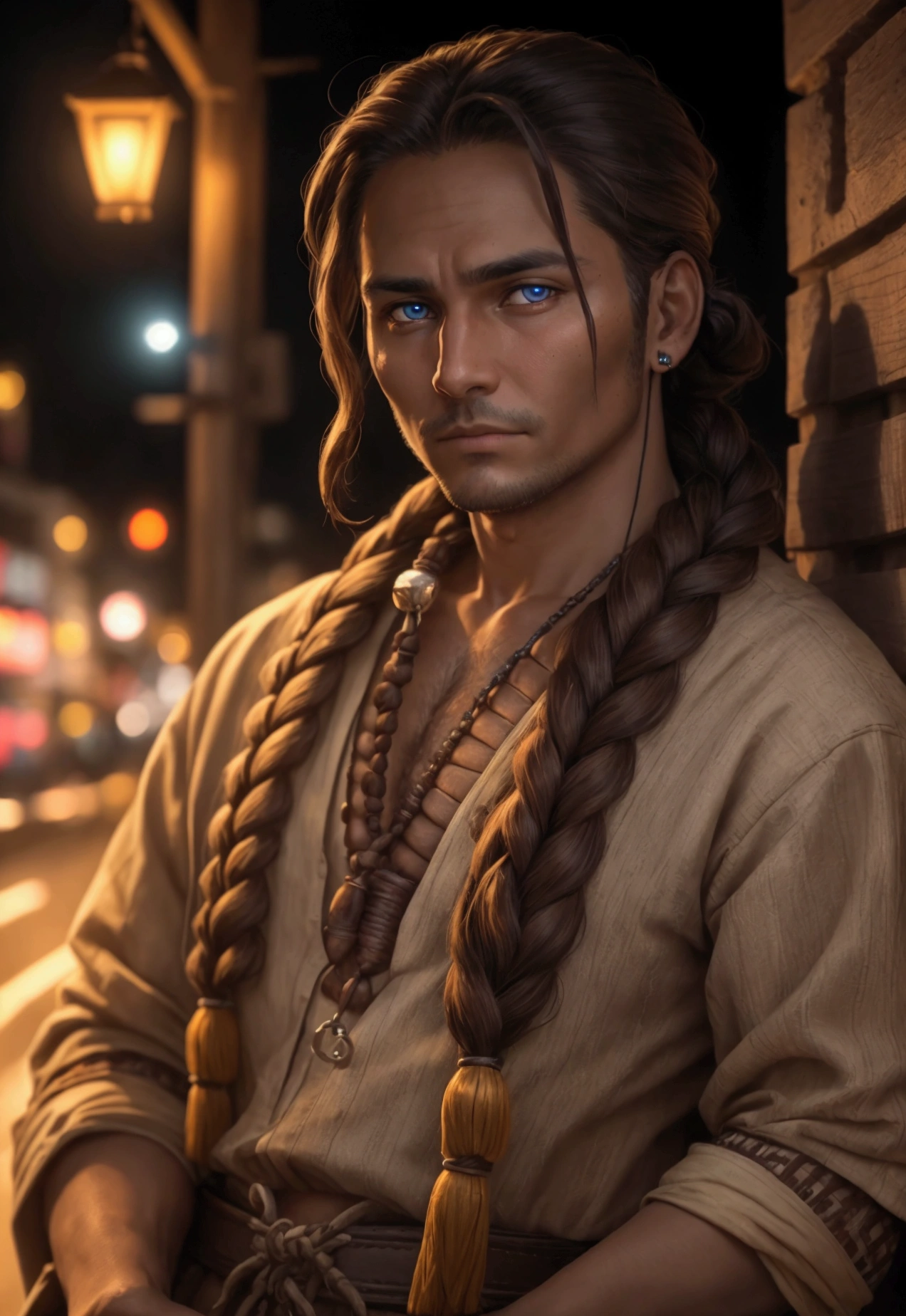 adult man indiginous with accessory indiginous at night braided hair glowing brown eyes protrait waiting