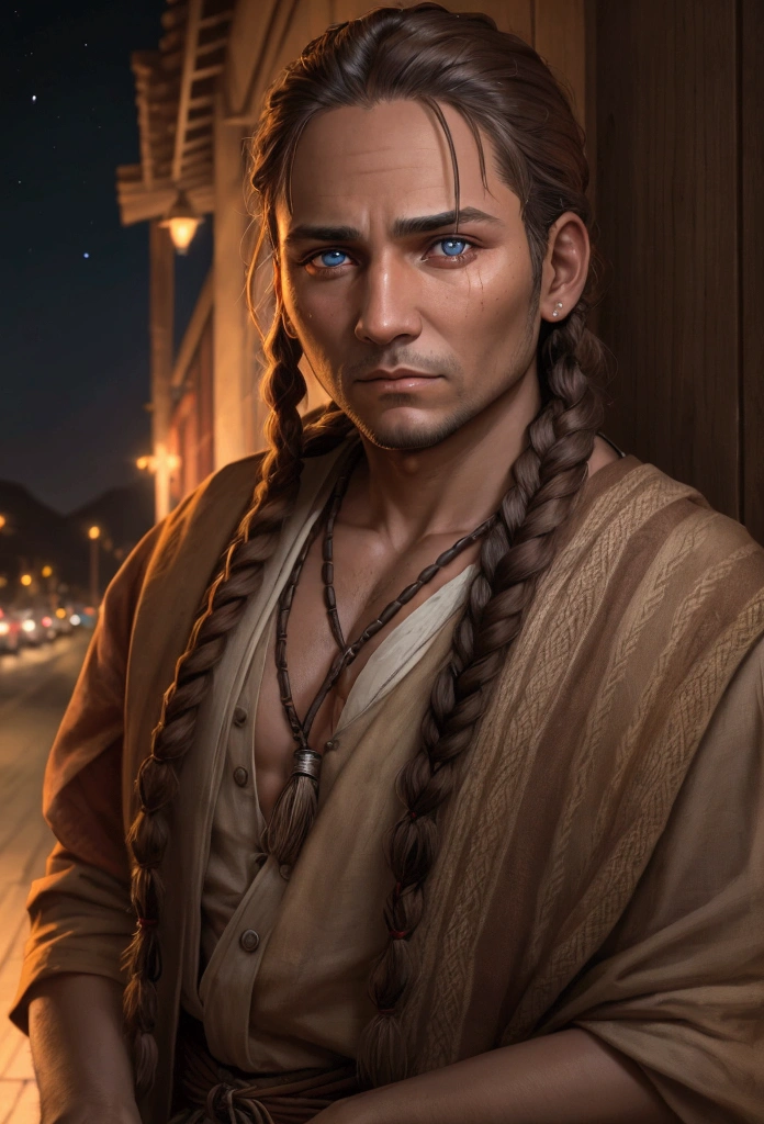 adult man indiginous with accessory indiginous at night braided hair glowing brown eyes protrait waiting
