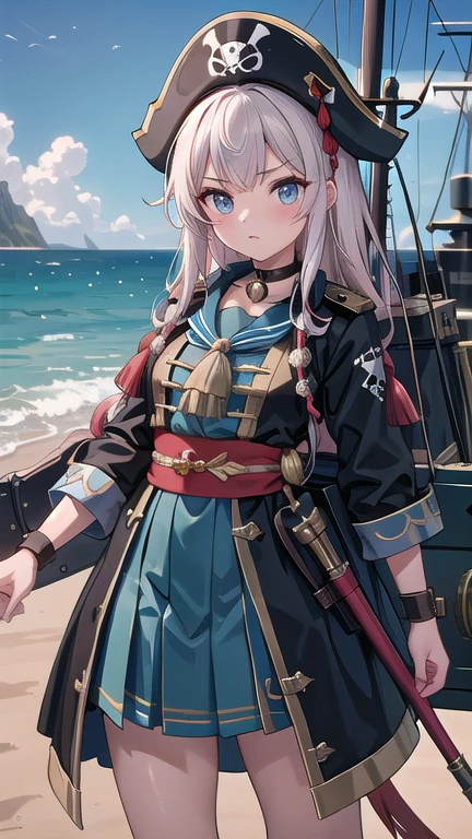 Lots of pirates, Pirate Tactics, cannon, war, (海賊war:1.5),Girl dressed as a pirate, One girl, Black choker, 超High resolution, retina, masterpiece, Accurate, Anatomically correct, Textured skin, Super Detail, Attention to detail, high quality, 最high quality, High resolution, 4K