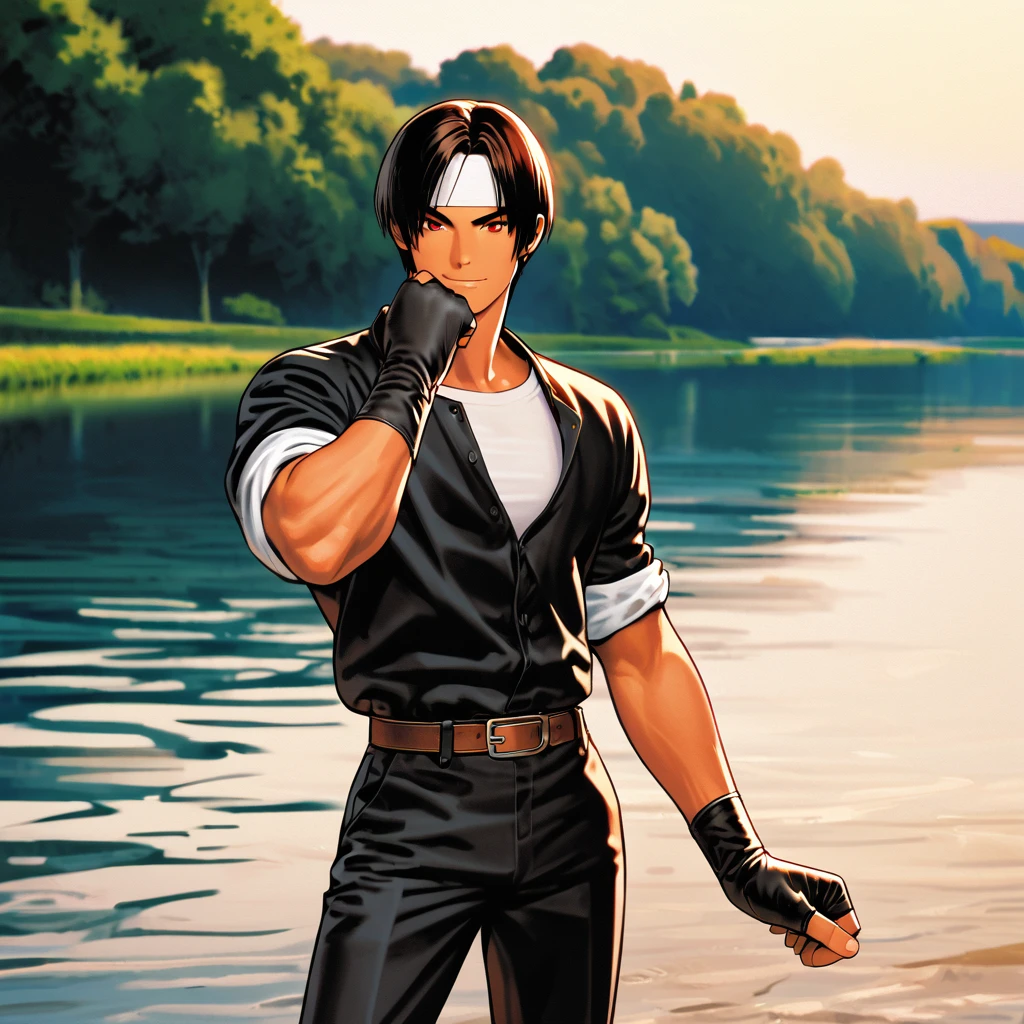 Orochio, dark skin, one person, red eyes, black jacket (sleeves rolled up), fingerless gloves, black hair, white t-shirt, ((white headband)), black pants, white shoes, brown belt, handsome, shot, attractive, masterpiece, high resolution, detailed face, fine grain, morning, sky, confident smile Smiling man and woman looking at river from flat bottom boat in Petit Venise, France, hand around mouth