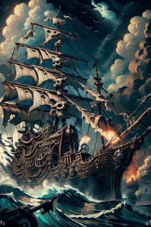 (8k, Highest quality, masterpiece)，Pirate War, Pirates ship war fighting each other, epic pirate battle, cannon fire, pirate ship war, detailed pirate ship, chaotic battle scene, stormy sea, dark clouds, fire and smoke, Pirate war fierce conflict war between pirates wearing pirate costumes, {Realistic, RAW Photos, Super Fine Clear, Impressionist painting, (Influenced by Impressionist painting:1.1)}, naval battle, Pirate Combat,  by W. Heath Robinson, 